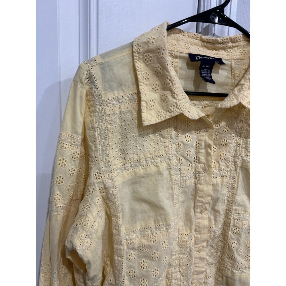 Denim & Co Eyelet Patchwork Button Front Shirt Ye… - image 4
